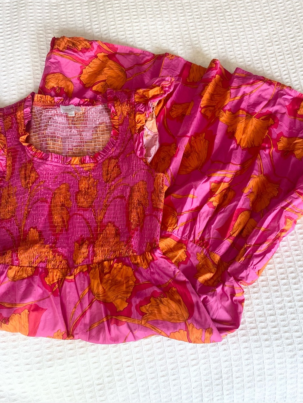 Sugarlips Hot Pink & Orange Floral Smocked Dress Medium